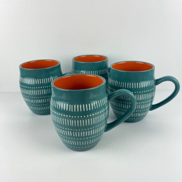 Baum Tangier Turquoise Mug Set of 4 Ceramic Coffee Cups Orange Inside 19 Oz - Picture 1 of 9
